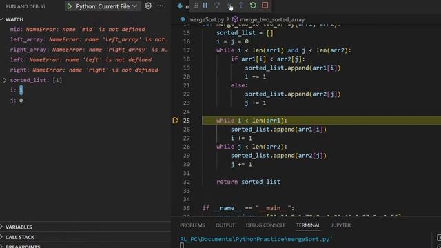 Merge Sort Algorithm with Real-Time Debugging | Python | Debugging | Visual Studio смотреть онлайн
