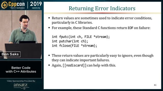 Better Code with C++ Attributes - Ben Saks - CppCon 2019 смотреть онлайн
