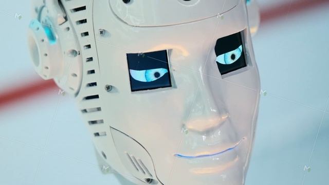 Closeup of human robot blinking eyes at export forum смотреть онлайн