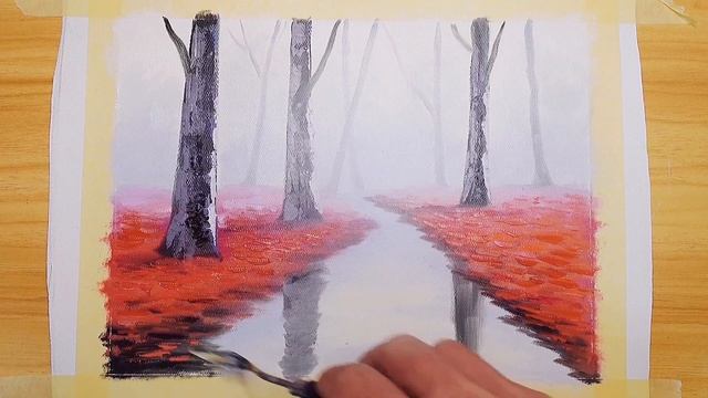 River and woods covered with red fallen leaves in late autumn | Oil painting | Landscape painting смотреть онлайн