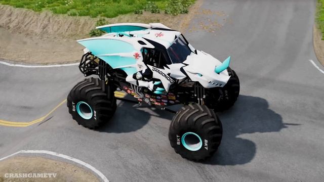 Triple Flatbed Trailer Monster Trucks Transport with Slide Color - Cars vs Speed bump - BeamNG.driv смотреть онлайн