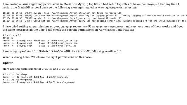 Unix & Linux: MySQL logs are not working due to permissions смотреть онлайн