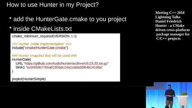 Hunter, a CMake driven package manager for C/C++ projects - Daniel Friedrich - Lightning Talks смотреть онлайн