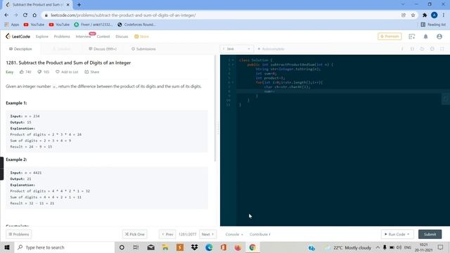 Subtract the Product and Sum of digit of an integer | Leetcode question 1281 | DSA for placement смотреть онлайн