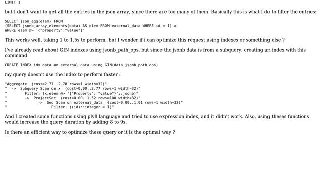 Postgres: Filtering large jsonb arrays coming from a sub-query смотреть онлайн
