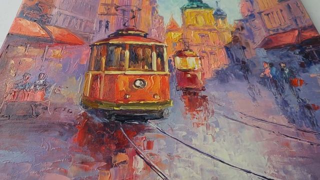 Картина маслом, городской пейзаж: Вечерний город Oil painting, urban landscape, tram: Evening city смотреть онлайн