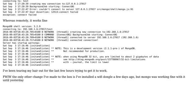 Raspberry Pi: Can't connect to mongodb on pi locally - can connect remotely смотреть онлайн