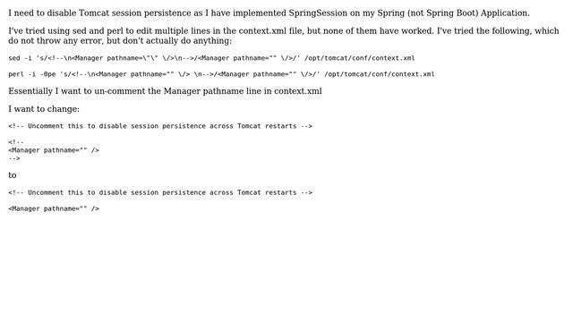 Unix & Linux: Disable Tomcat Session persistence using sed or perl смотреть онлайн