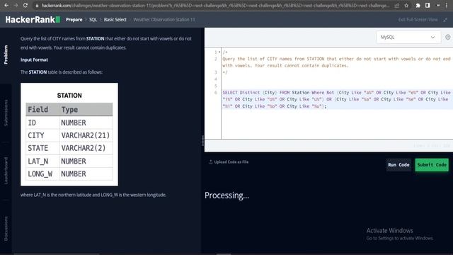Hackerrank SQL Solution | Weather observation station 11 | Not Start and end with Vowel | Ep16 смотреть онлайн