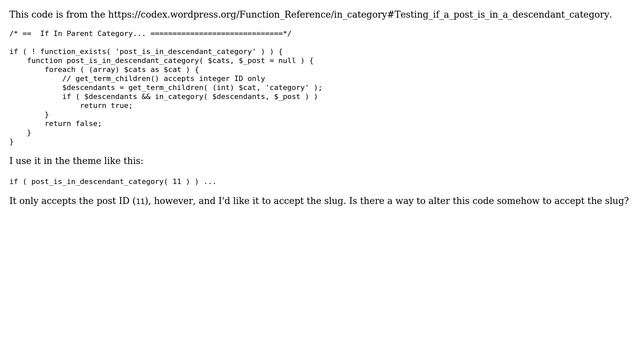 Wordpress: How can I alter this code to accept a slug as well as an ID? смотреть онлайн