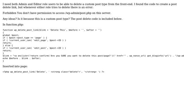 Wordpress: Fix permission error for deleting custom post from front-end? смотреть онлайн