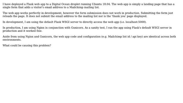 DevOps & SysAdmins: Flask WSGI vs Nginx/Gunicorn: mailing list works in dev but not production смотреть онлайн