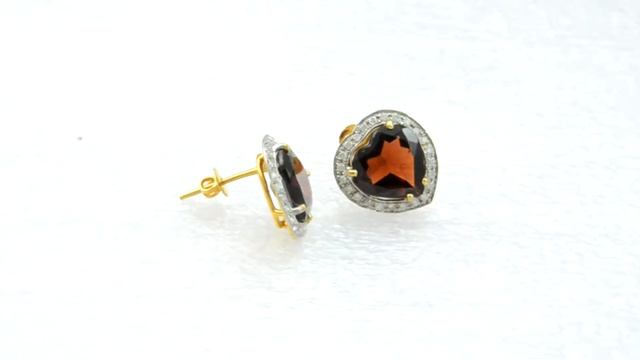 18k Yellow and White Gold 11mm Genuine Heart Cut Garnet, 0.28CT Genuine Diamonds Earrings смотреть онлайн