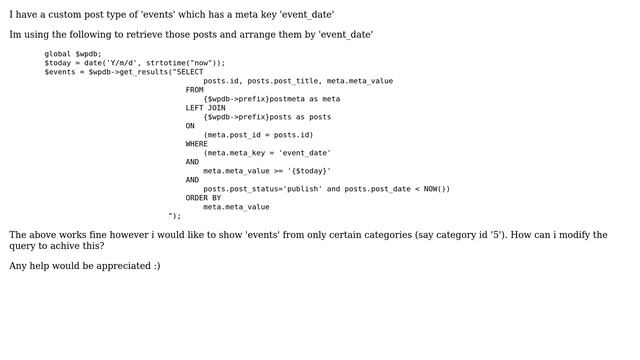 Wordpress: Wordpress $wpdb get posts from category and sort by custom meta смотреть онлайн