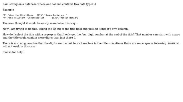 Databases: Extract four digits from a column by regexp смотреть онлайн