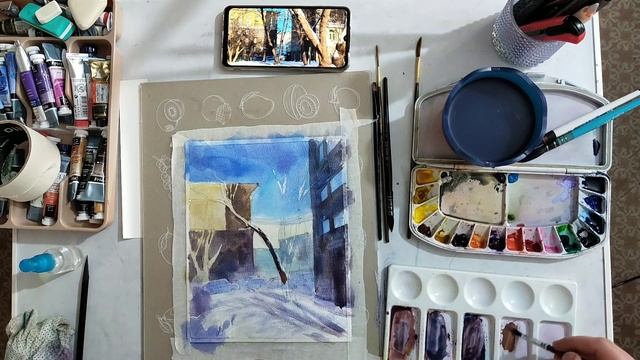 Как нарисовать зимний дворик, городской пейзаж, солнечный день акварелью. Этапы работы в акварели. смотреть онлайн