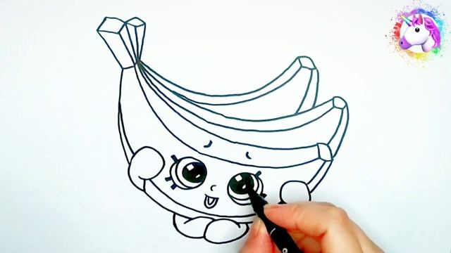 Кавайные рисунки. Раскраска фрукты. Рисуем и раскрашиваем бананы. смотреть онлайн
