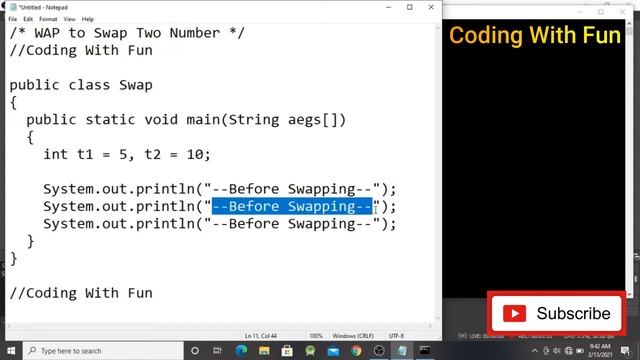 Program to Swap Two Numbers Using Third Variable in Java by PintuVashishtha | CodingWithFun смотреть онлайн