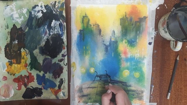 Как нарисовать осень в городе. Рисуем картину для интерьера. Нарисуем влюбленных в городе. смотреть онлайн