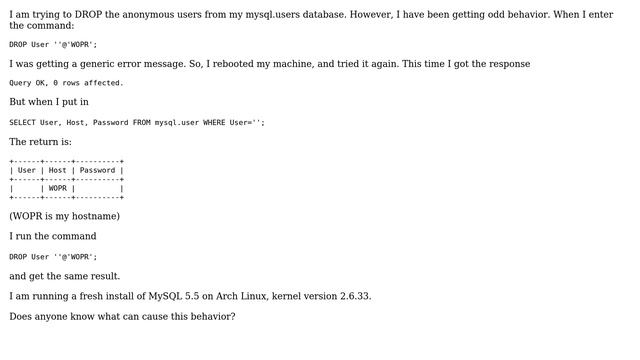 Databases: Cannot drop anonymous user from mysql.user смотреть онлайн