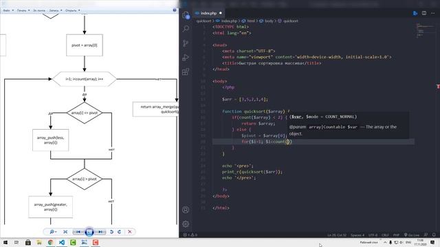 Быстрая сортировка массива на языке PHP - Алгоритмы и Блок схемы смотреть онлайн