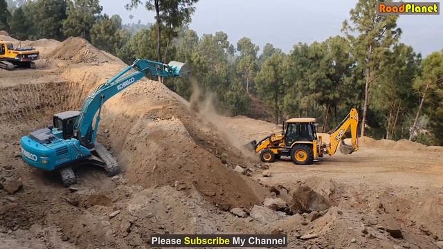 Hyundai 220 LS Excavator - Kobelco SK 220 Excavator - JCB 3DX Backhoe - Opening New Track On Hill смотреть онлайн