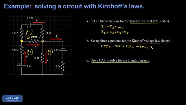 Solving a circuit with Kirchoff's laws: node equations, loop equations and solving with a CAS. смотреть онлайн