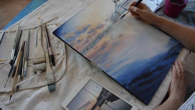 Рисование акварелью. Лодки в порту, закат. Watercolor painting, yacht in harbor, sunset. смотреть онлайн