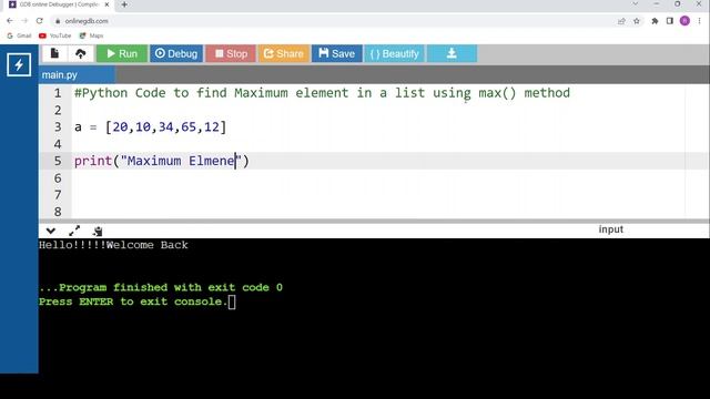 Python Code to find Maximum Element in List using max() method смотреть онлайн