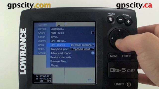 Lowrance Elite 5 DSI Manual - Setting the GPS Source смотреть онлайн