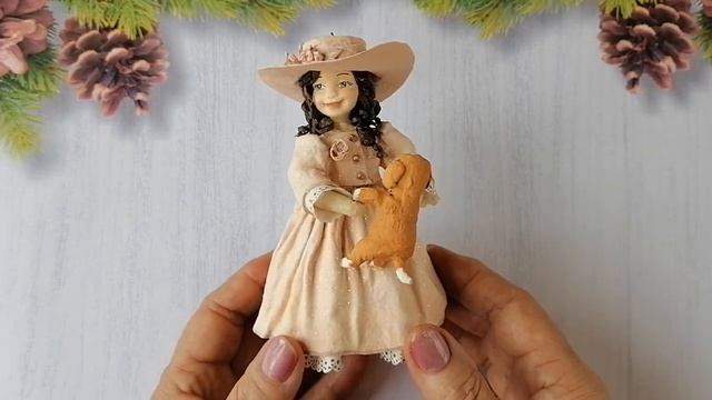 Ватная игрушка ручной работы Дама с собачкой. Девочка в шляпке. Игрушка на ёлку. смотреть онлайн
