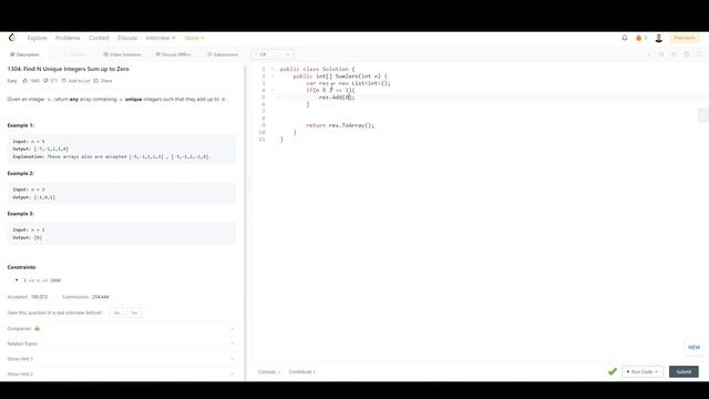 1304. Find N Unique Integers Sum up to Zero смотреть онлайн
