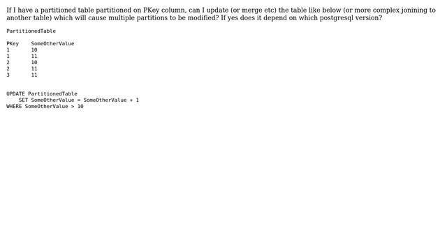 Databases: Postgresql update a partitioned table, where update affects multiple partitions смотреть онлайн