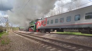 Паровозы "П36-0110 И П36-0120" с поездом победы на перегоне "Павшино- Красногорская"