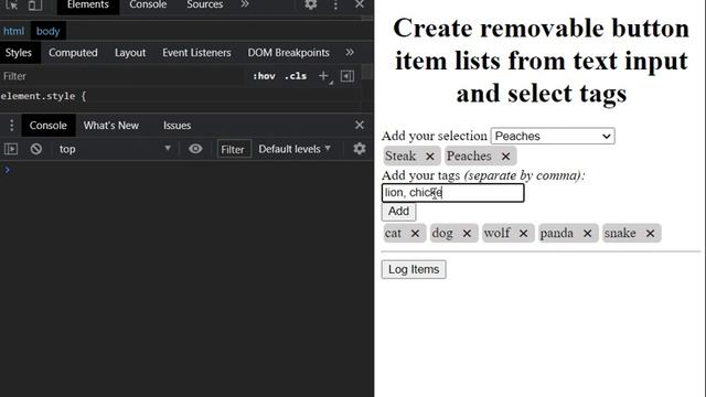 Create removable button items from text input or select elements with JS, CSS & HTML. смотреть онлайн