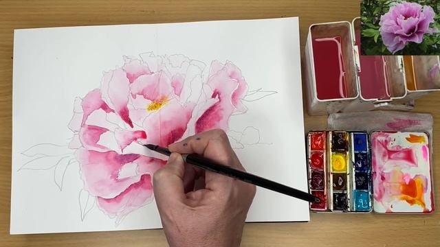 Watercolour Peony Tutorial Using JUST 3 COLOURS & ONE BRUSH! смотреть онлайн