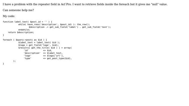 Wordpress: Acf Pro repeater field returns null when call inside foreach смотреть онлайн