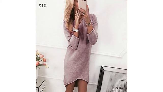 Одежда с AliExpress. Модное трикотажное однотонное осеннее платье полувер с длинными рукавами. смотреть онлайн