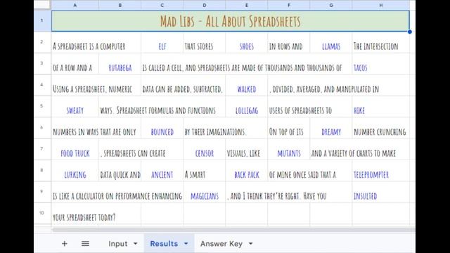 Spreadsheet Lesson Plan - Mad Libs Activity Using Linked Worksheets смотреть онлайн