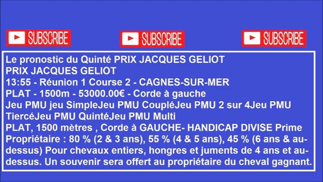 Pronostic Quinté Express تحليل كانتي السباقات الفرنسيةPRIX JACQUES GELIOT13:55 R1C2 - CAGNES-SUR-ME смотреть онлайн