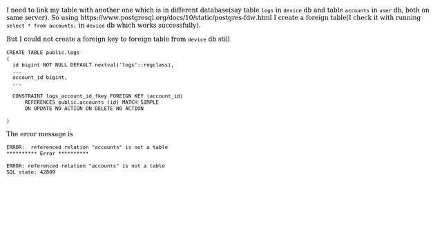 Databases: Create foreign key on foreign table in postgresql смотреть онлайн