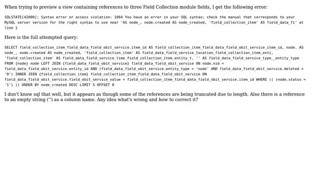 Drupal: SQLSTATE[42000]: Syntax error or access violation in drupal views query смотреть онлайн