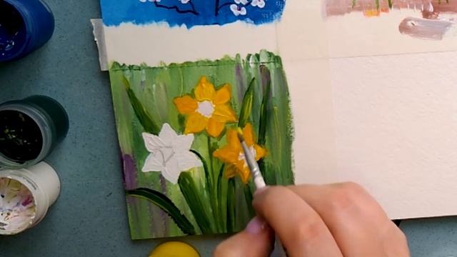 Нарциссы гуашью ???. Рисуем открытку. смотреть онлайн