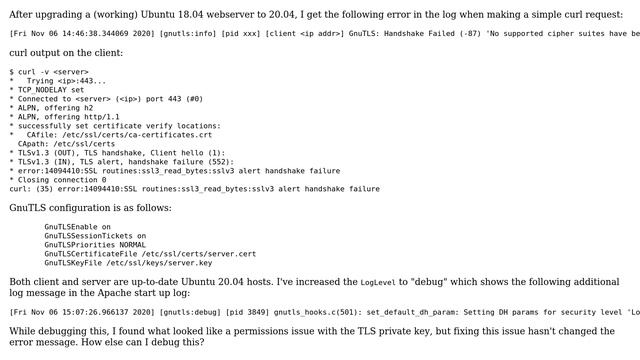 How do I debug error 'GnuTLS: Handshake Failed (-87) 'No supported cipher suites have been... смотреть онлайн