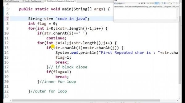 Program to find first repeated character in a given string . JAVA CLASSMATE