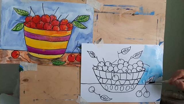 Рисуем чашку с вишней. Чёрный маркер, акварель смотреть онлайн