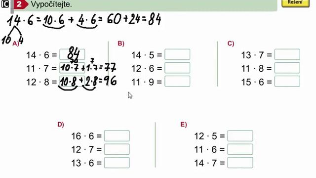 Násobení mimo rozsah malé násobilky, Matýskova matematika 7. díl, strana 50, cvičení 2