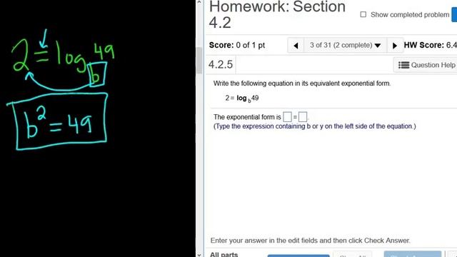 Convert the Logarithmic Equation 2 = log_b(49) into Exponential Form MyMathlab смотреть онлайн
