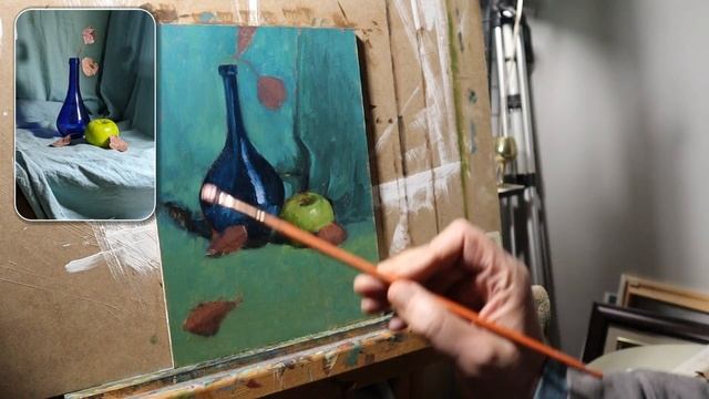 Blue Vase and apple still life time lapse oil sketch : Rule of thirds part 3 смотреть онлайн