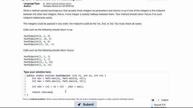 Java Practice It | Exercise 5.14: hasMidpoint | method basics, return, int parameters, double, Math смотреть онлайн